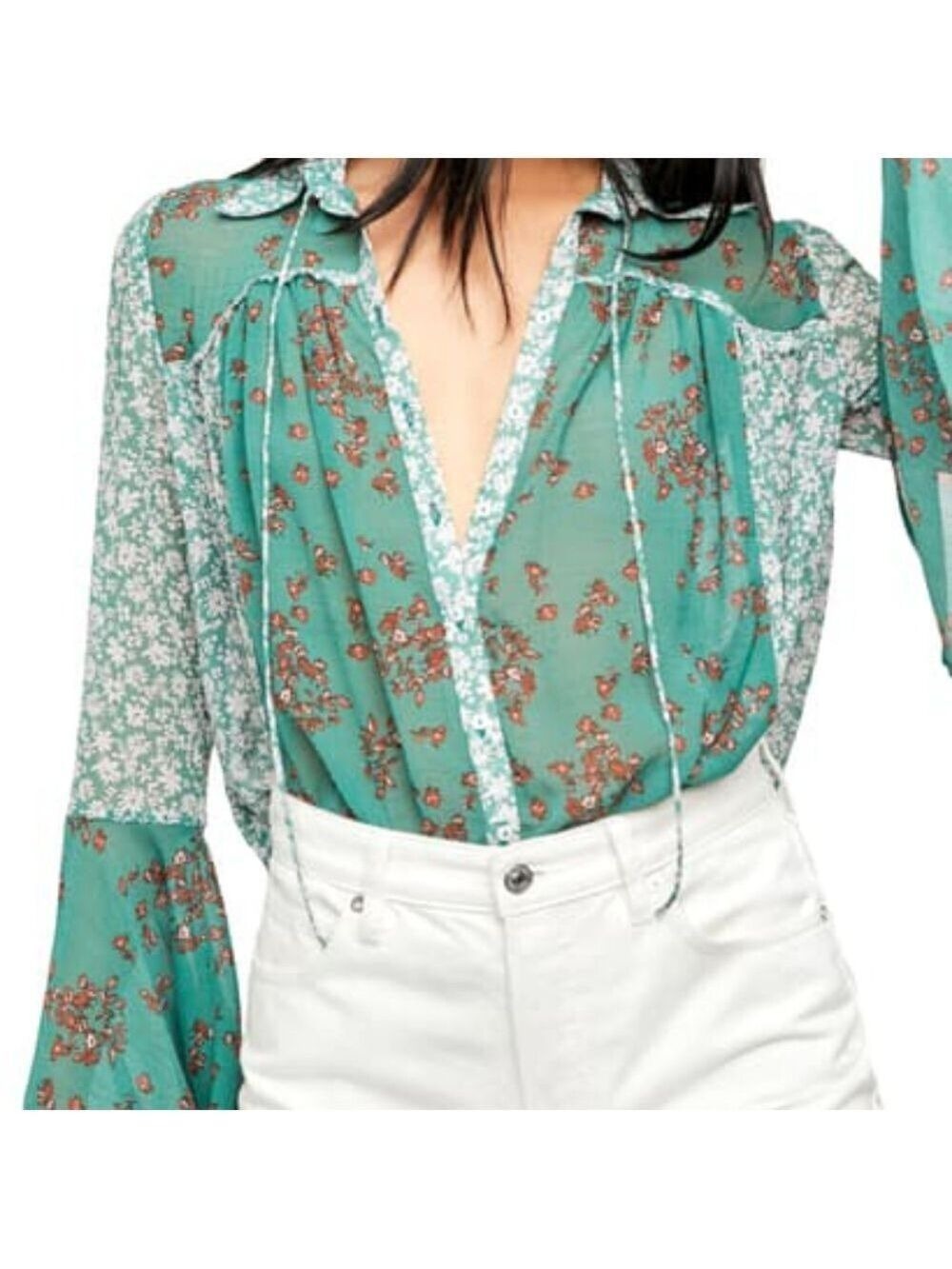 Free People Emerald Combo Serena Printed Blouse